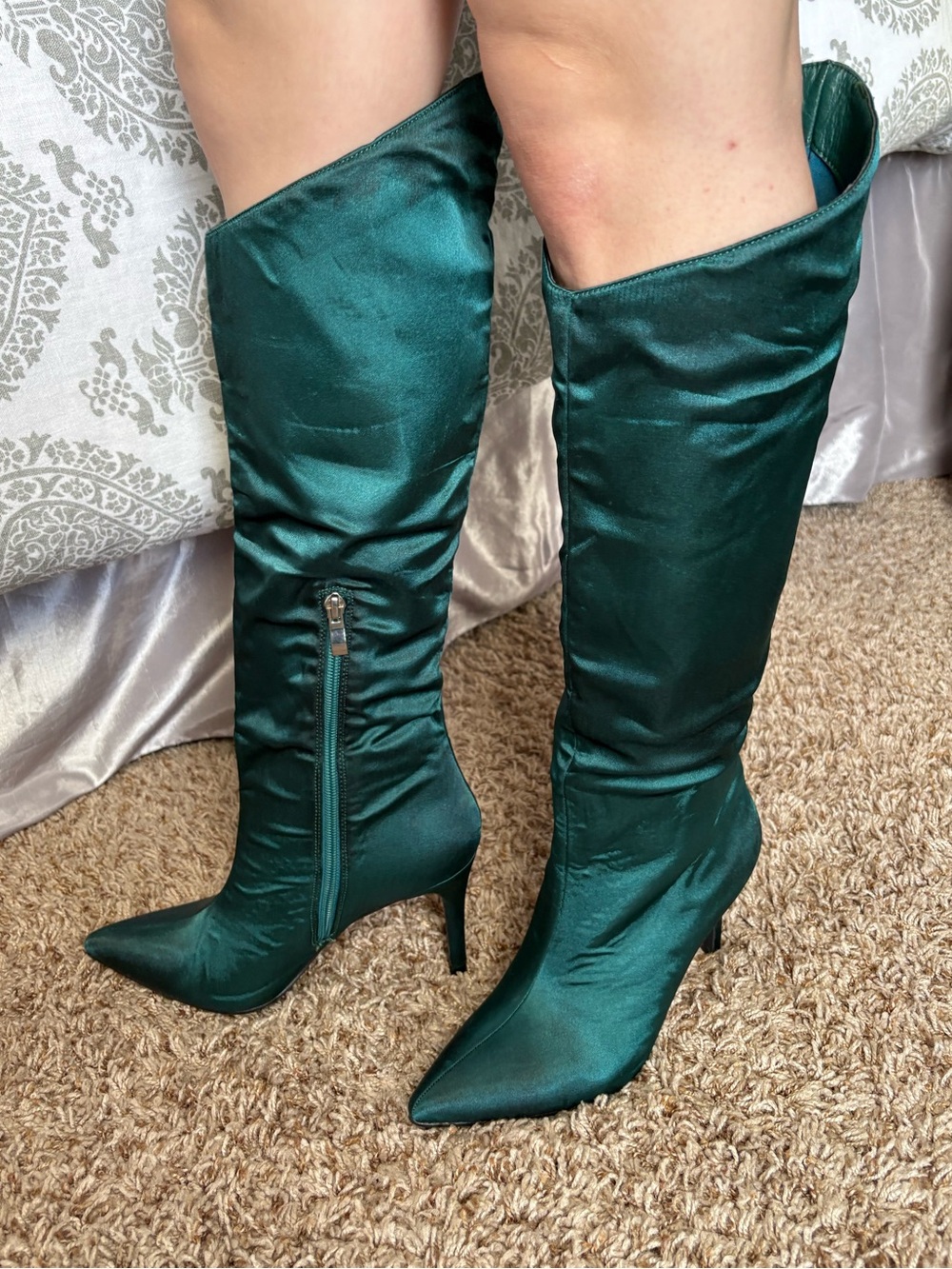 Nasty Gal Emerald Satin Over-the-Knee Pointed Toe Boots